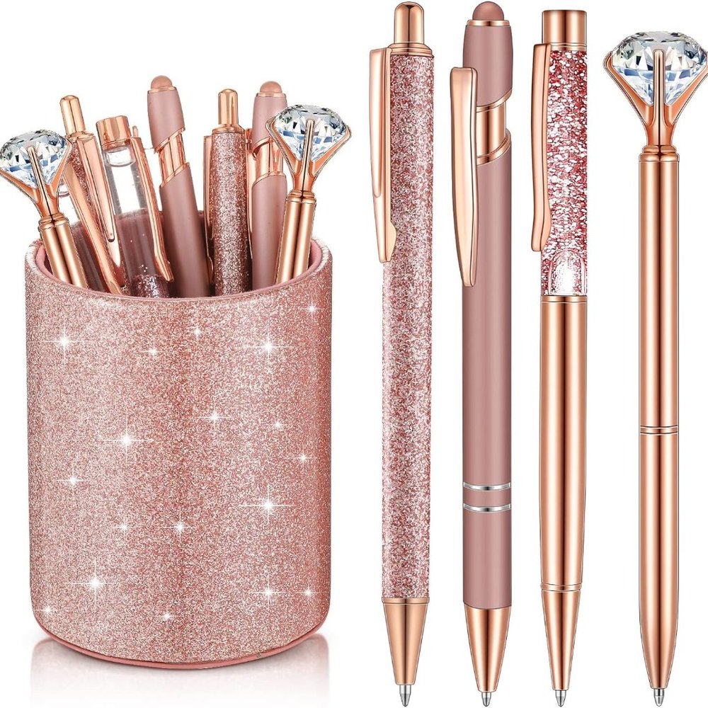 NWT Sparkling Bling Glitter Cup With 8 Ballpoint Pen Set Desk Set + FREE Gift